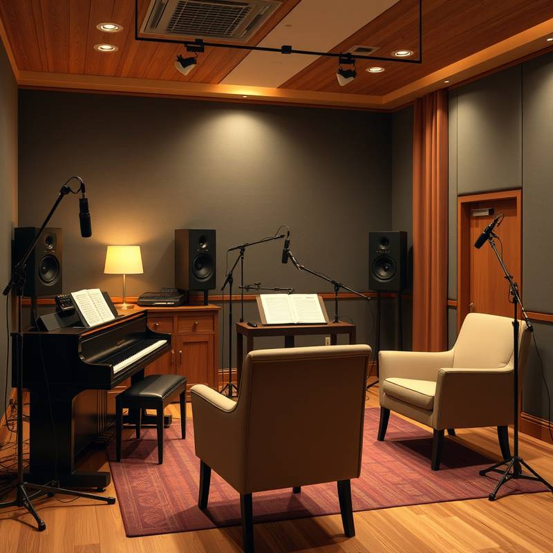 Een foto van de binnenkant van de zangstudio, met een piano, microfoons en comfortabele stoelen.